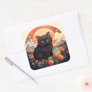 Cuadrada Pegatina de gato negro lindo