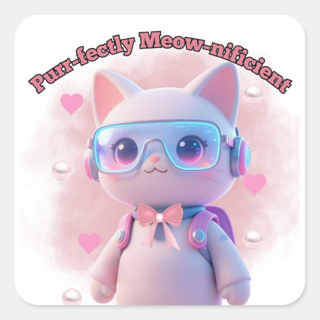 Cuadrada Pegatina de gato perfectamente meow-nificente (Anverso)