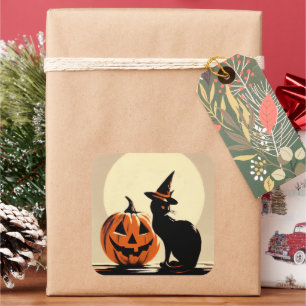 Cuadrada Pegatina de Gato y Calabaza Negros de Halloween
