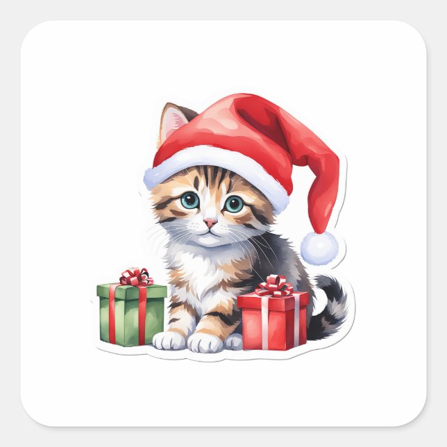 Cuadrada Pegatina de gatos de Navidades juguetones - Kitty  (Anverso)