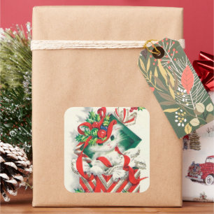 Cuadrada Pegatina de gatos de Navidades retro de época