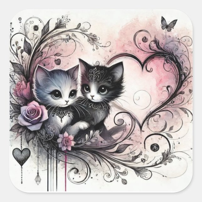 Cuadrada Pegatina de gatos lindos de San Valentín – Diseño  (Anverso)
