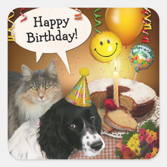Cuadrada Pegatina de gatos y perros de cumpleaños (personal (Anverso)
