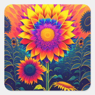 Cuadrada Pegatina de girasoles coloridos y radiantes