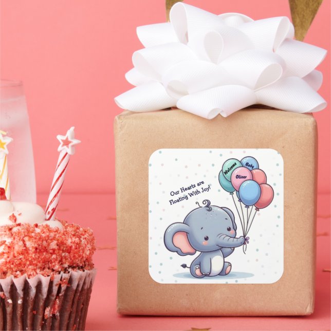 Cuadrada Pegatina de globo de elefante bebé (Fiesta)