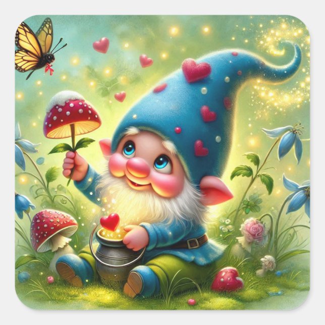 Cuadrada Pegatina de Gnome del Día de San Valentín (Anverso)