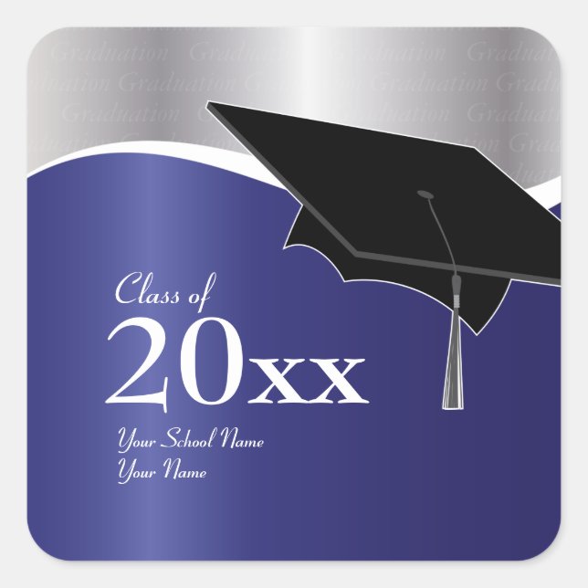 Cuadrada Pegatina de Graduación Azul y Plata personalizable (Anverso)