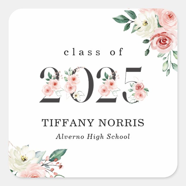 Cuadrada Pegatina de graduación de números florales rosa cl (Anverso)