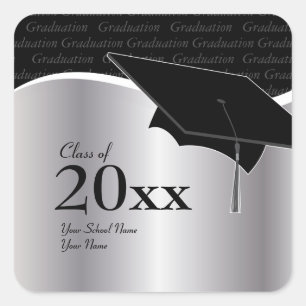 Cuadrada Pegatina de Graduación de Plata y Negro personaliz
