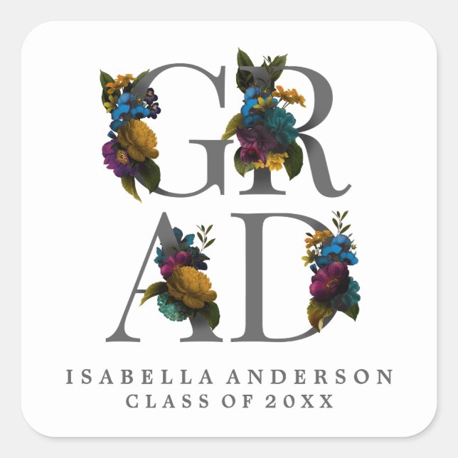 CUADRADA PEGATINA DE GRADUACIÓN FLORAL ELEGANTE Y MALHUMORA (Anverso)