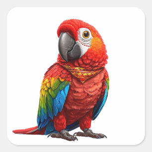 Cuadrada Pegatina de Guacamayo Escarlata Vibrante Ave Exóti