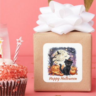 Cuadrada Pegatina de Halloween Black Kitten