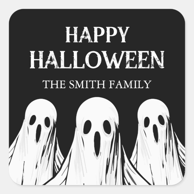 Cuadrada Pegatina de Halloween con fantasma en blanco y neg (Anverso)