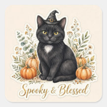 Pegatina de Halloween de gato negro Spooky & Bless