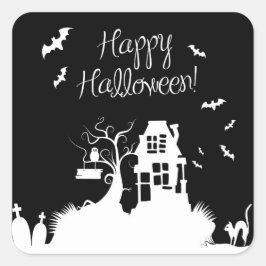 Cuadrada Pegatina de Halloween en Casa Blanca y Negra