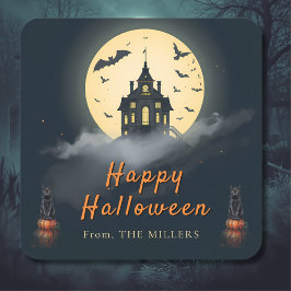 Cuadrada Pegatina de Halloween Mansión Moonlit Skoopy Cat