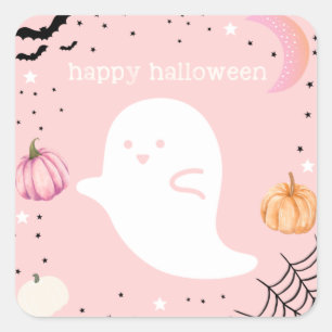 Cuadrada Pegatina de Halloween Rosa Feliz