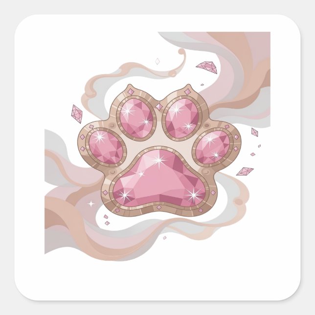 Cuadrada Pegatina de huellas de patas con joyas rosadas de  (Anverso)
