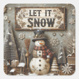 Cuadrada Pegatina de invierno de Rustic Snowman "Let It Sno