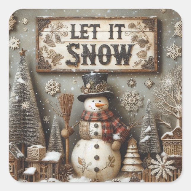 Cuadrada Pegatina de invierno de Rustic Snowman "Let It Sno (Anverso)