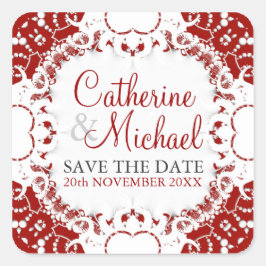 Cuadrada Pegatina de Invitación de Boda de encaje rojo + bl
