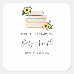 Cuadrada Pegatina de la biblioteca Baby Shower de girasoles
