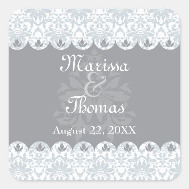 Cuadrada Pegatina de la boda de Damask con Vieira Gris (Anverso)