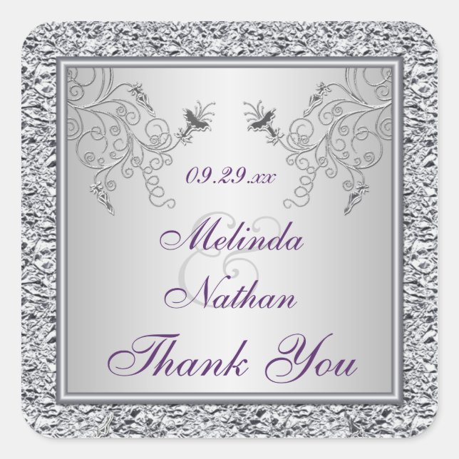 Cuadrada Pegatina de la boda floral de Relieve metalizado p (Anverso)
