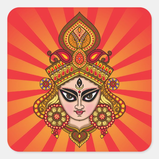 Cuadrada Pegatina de la cara de la diosa Durga (Anverso)