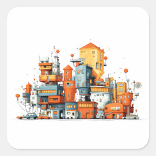 Cuadrada Pegatina de la ciudad personalizado - Urbano anima