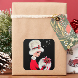 Cuadrada Pegatina de la dama de Navidad retro vintage