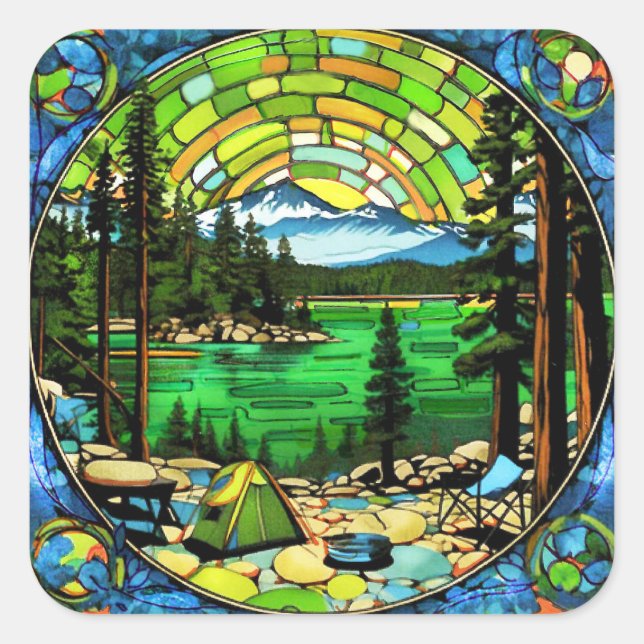 Cuadrada Pegatina de la montaña Stain Glass (Anverso)