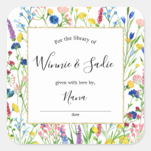 Cuadrada Pegatina de la placa de biblioteca de Wildflower G