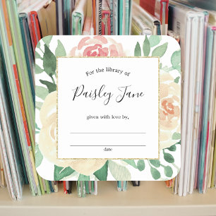 Cuadrada pegatina de la placa de biblioteca floral rosa de 