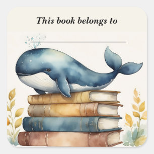 Cuadrada Pegatina de la placa de libros de ballenas y libro