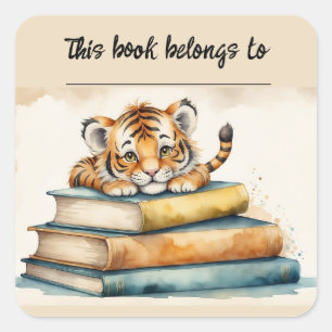 Cuadrada Pegatina de la placa de libros de Tigre y Libros e