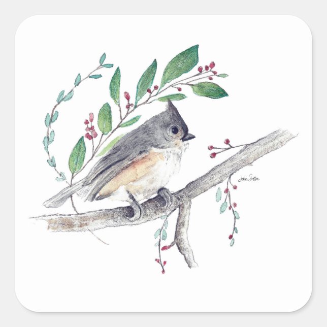 Cuadrada Pegatina de la plaza de arte de pájaro de Titmouse (Anverso)