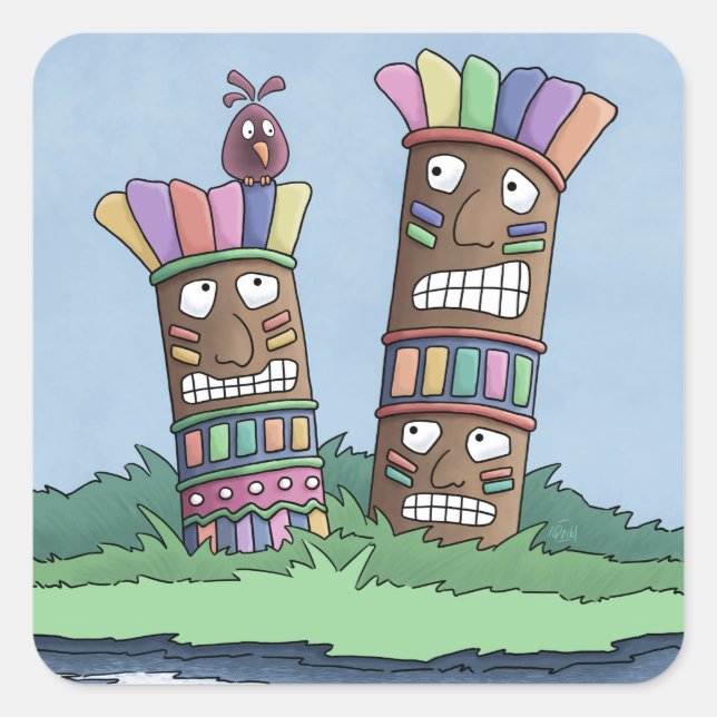 Cuadrada Pegatina de la plaza Tiki Bird Rosebud (Anverso)