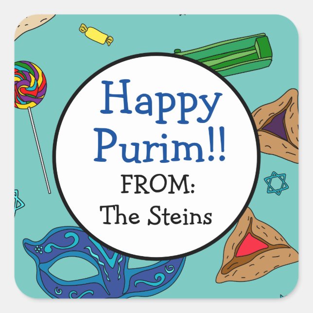 Cuadrada Pegatina de la plaza Verde azulada Shaloch Manot p (Anverso)