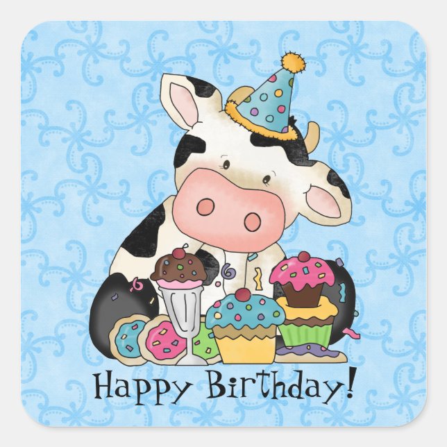 Cuadrada Pegatina de la vaca de la celebración del cumpleañ (Anverso)