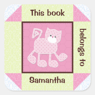 Cuadrada Pegatina de libros de Quilt de Cat Faux Pink