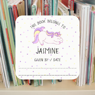 Cuadrada Pegatina de libros de unicornio, librería