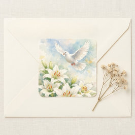 Cuadrada Pegatina de lirio blanco paloma cristiana