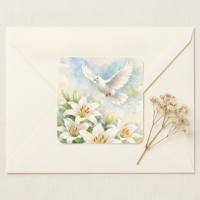 Cuadrada Pegatina de lirio blanco paloma cristiana (Subido por el creador)
