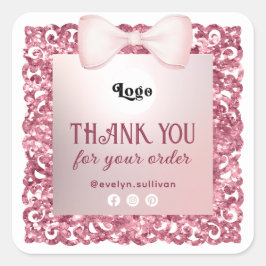 Cuadrada Pegatina de logotipos de purpurina Frame Pink Bow