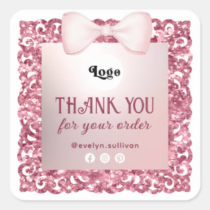 Cuadrada Pegatina de logotipos de purpurina Frame Pink Bow