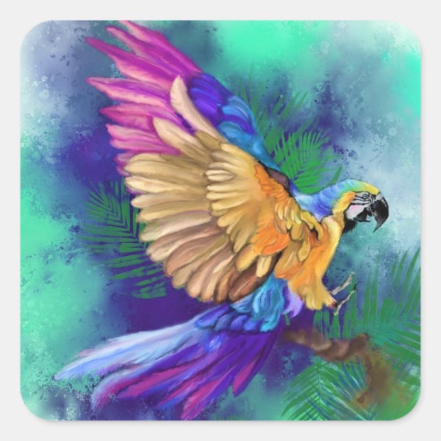 Cuadrada Pegatina de loro volador (Anverso)