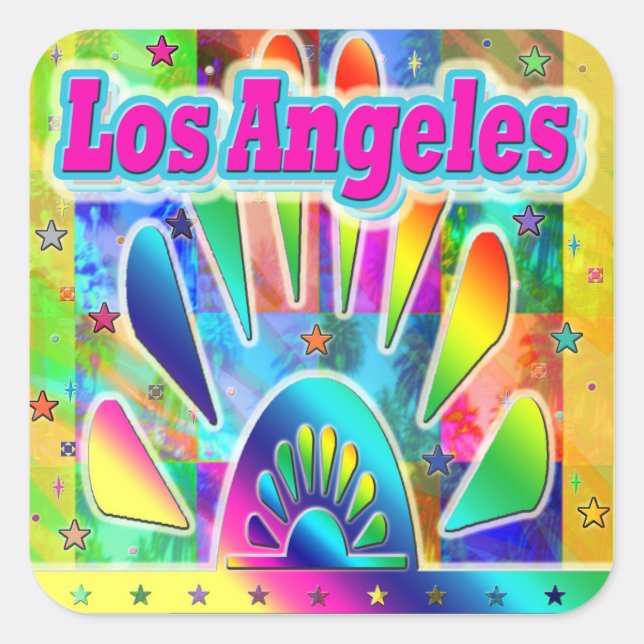 Cuadrada Pegatina de Los Ángeles Sun & Palms (Anverso)