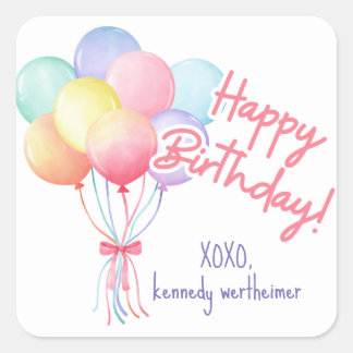 Cuadrada Pegatina de los globos de cumpleaños Pastel