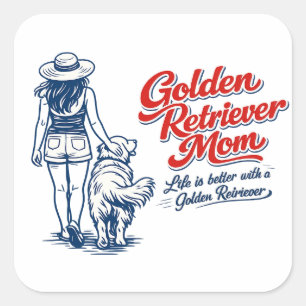 Cuadrada Pegatina de Mamá Retriever Dorado - Arte de Línea 